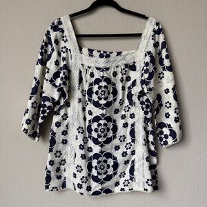 Tory Burch Navy White Floral Beaded Linen Blouse Size 10
